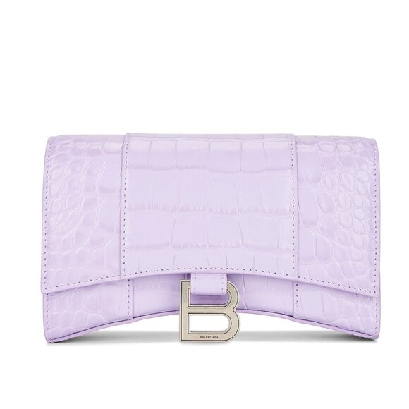NWT Balenciaga Hourglass Wallet On Chain Shoulder Bag Lilac Shiny Embossed Croc - Picture 1 of 9